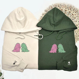 Cute Dinosaur Couple Custom Embroidered Matching Hoodies For Couples
