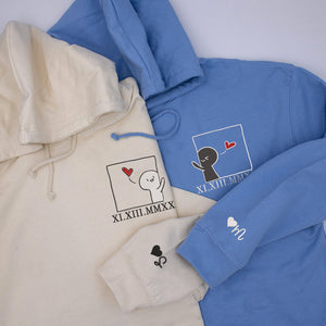 Custom Embroidered Hoodie | Matching Couple Sweatshirts | Cute Cartoon & Roman Numerals