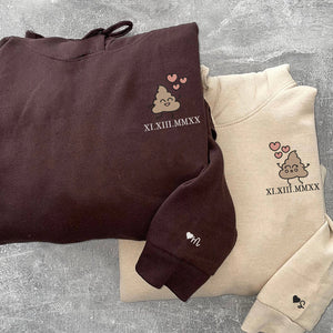 Custom Embroidered Hoodie | Matching Couple Sweatshirts | Funny Poop Cartoon & Roman Numerals