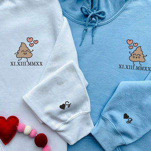 Custom Embroidered Hoodie | Matching Couple Sweatshirts | Funny Poop Cartoon & Roman Numerals