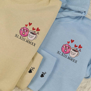 Donut and Coffee Custom Roman Numeral Matching Embroidered Hoodies For Couples