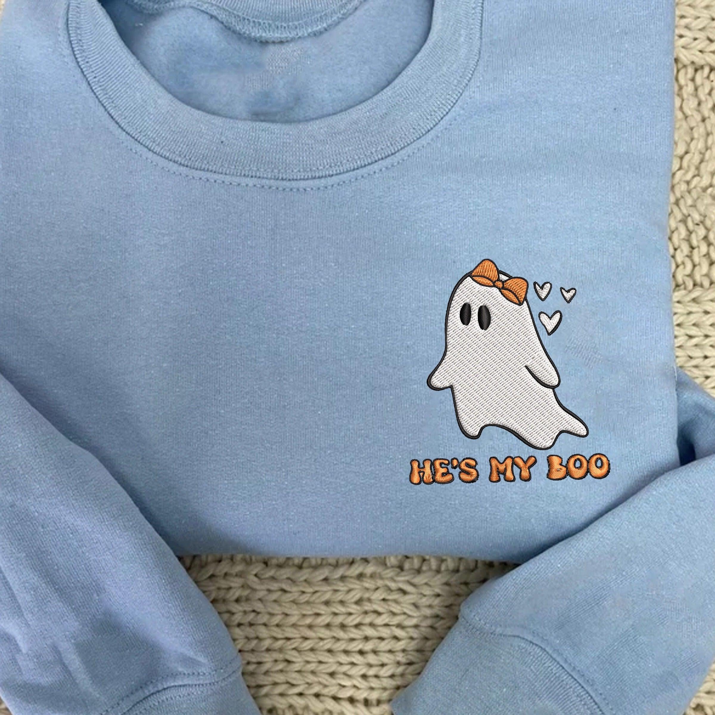 Custom Embroidered Halloween Sweatshirts For Couples, Custom Matching Couple Hoodies, He's My Boo She's My Boo Embroidered Halloween Sweatshirt