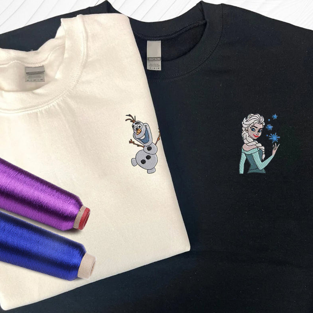 Custom Embroidered Sweatshirts For Couples, Custom Matching Couple Sweatshirt, Cute Frozen Princess Couples Embroidered Crewneck Sweater