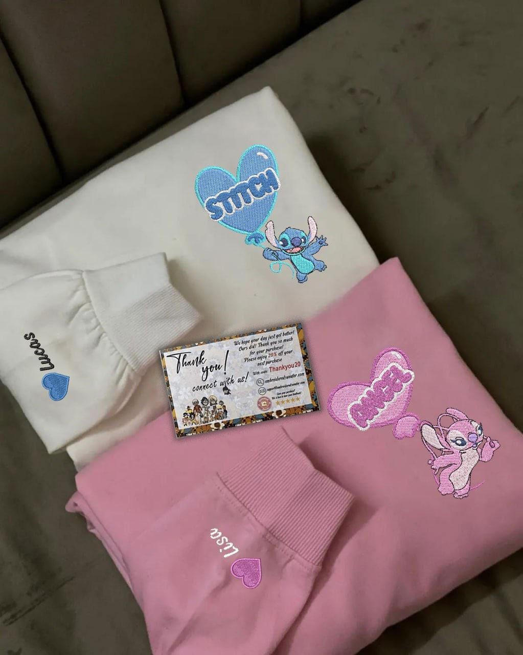 Custom Embroidered Hoodies for Couples, Cute Cartoon Alien Duo Hoodie with Heart Balloons, Matching Hoodie
