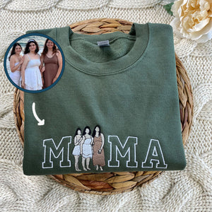 Embroidered Mama Sweatshirt - Custom Embroidered Mother Hoodie, Mom Portrait Crewneck, Family Portrait Shirt, Gift for Mom