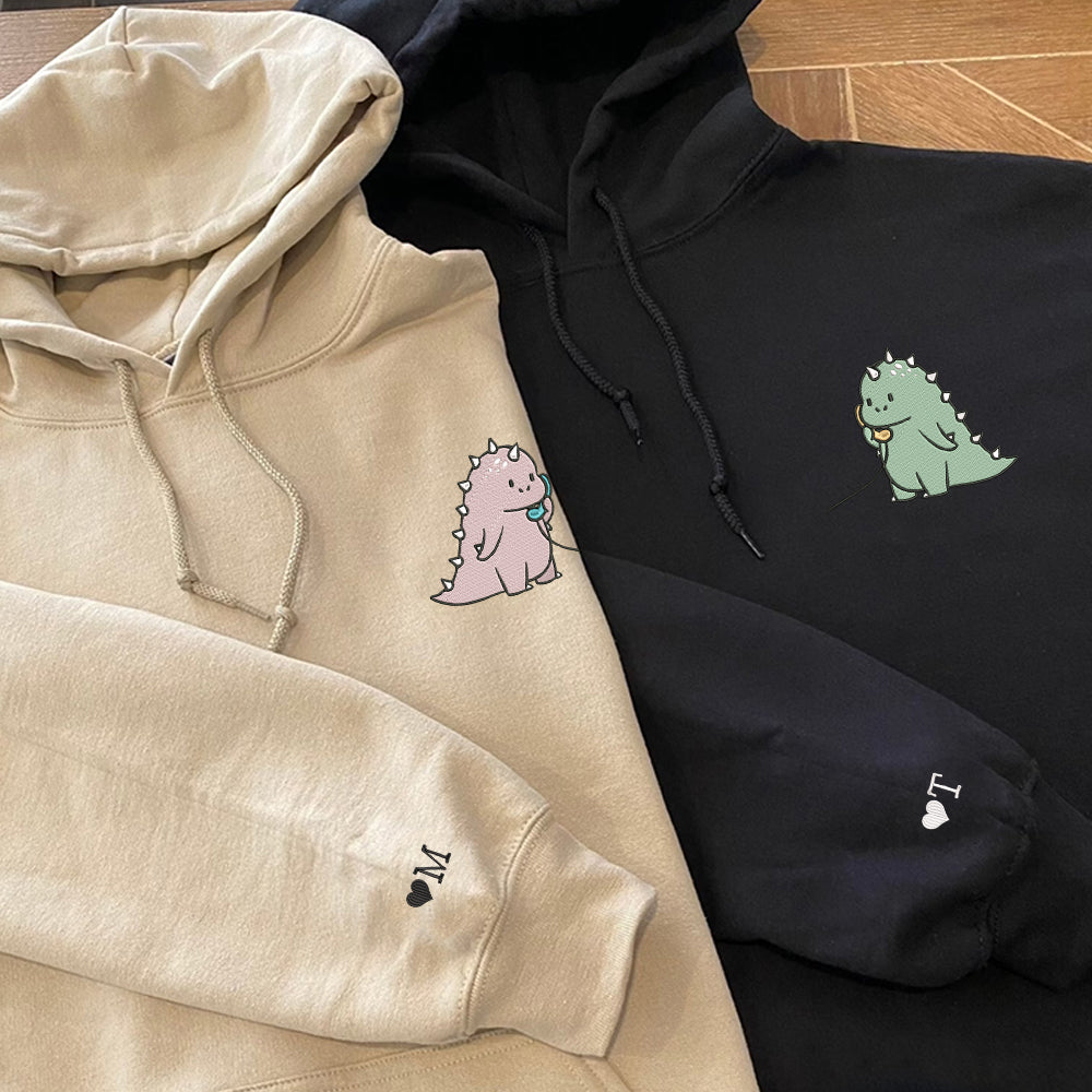Custom Embroidered Hoodies For Couples, Cute Cartoon Funny Dinosaur Couples Embroidered Hoodie