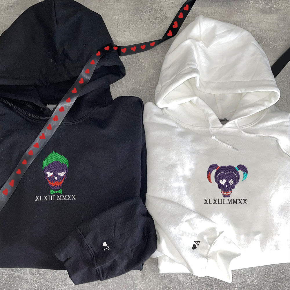 Custom Embroidered Roman Numeral Hoodies For Couples, Roman Numeral Date Hoodie, Cute Cartoon Couples Embroidered Hoodie V3