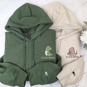 Custom Embroidered Hoodie | Matching Couple Sweatshirts | Cute Dinosaur & Roman Numerals