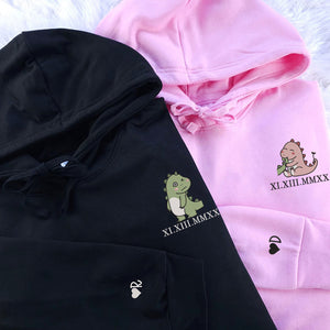 Custom Embroidered Hoodie | Matching Couple Sweatshirts | Cute Dinosaur & Roman Numerals