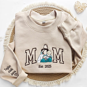 Personalized Mom Sweatshirt with Custom Embroidered Family Portrait | Varsity Letter Hoodie | Mother’s Day Gift with Kids' Names