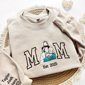Personalized Mom Sweatshirt with Custom Embroidered Family Portrait | Varsity Letter Hoodie | Mother’s Day Gift with Kids' Names