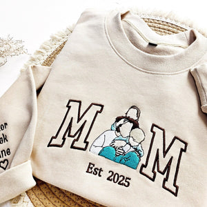 Personalized Mom Sweatshirt with Custom Embroidered Family Portrait | Varsity Letter Hoodie | Mother’s Day Gift with Kids' Names