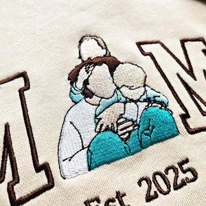 Personalized Mom Sweatshirt with Custom Embroidered Family Portrait | Varsity Letter Hoodie | Mother’s Day Gift with Kids' Names