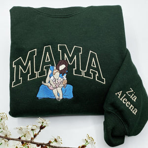 Personalized Mama Sweatshirt with Custom Embroidered Family Portrait | Mother’s Day Gift