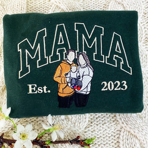 Personalized Mama Sweatshirt with Custom Embroidered Family Portrait | Mother’s Day Gift