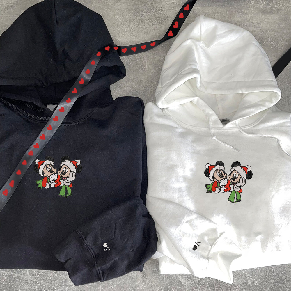Custom Embroidered Hoodies For Couples, Personalized Couple Hoodies, His Her Hoodies, Cute Christmas Cartoon Mouse Couples Embroidered Hoodie