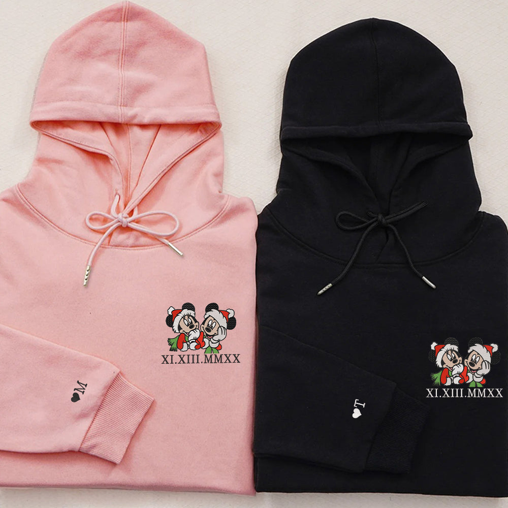 Custom Embroidered Roman Numeral Date Hoodies For Couples, Cute Cartoon Mouse Christmas Couples Embroidered Hoodie