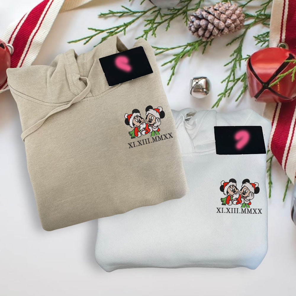 Custom Embroidered Roman Numeral Date Hoodies For Couples, Cute Cartoon Mouse Christmas Couples Embroidered Hoodie