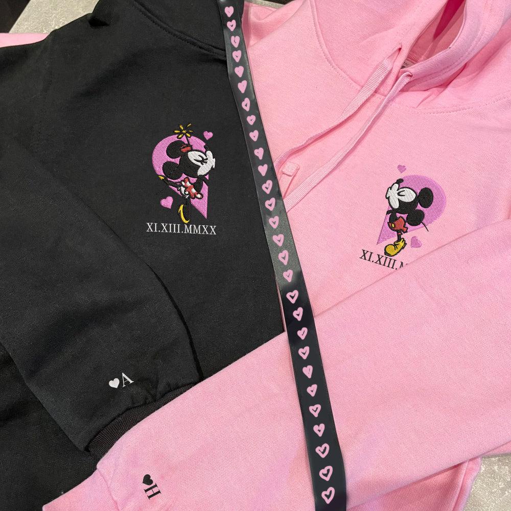 Custom Embroidered Roman Numeral Hoodies For Couples, Roman Numeral Date Hoodie, Mouse Heart Cartoon Couples Embroidered Hoodie