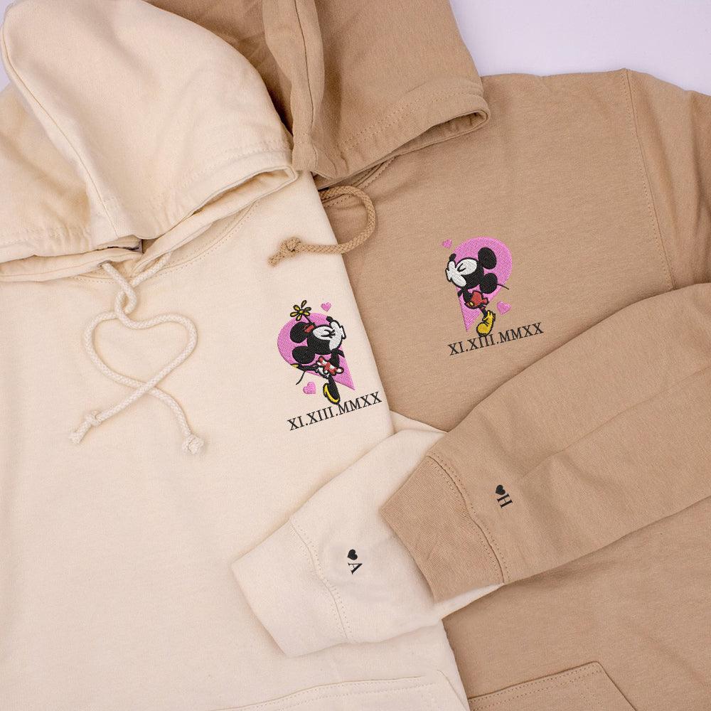 Custom Embroidered Roman Numeral Hoodies For Couples, Roman Numeral Date Hoodie, Mouse Heart Cartoon Couples Embroidered Hoodie