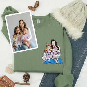 Mom and Daughters Embroidered Portrait From Photo Sweatshirt, Christmas Gift For Mama From Daughter