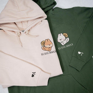 Custom Embroidered Couple Hoodies | Matching Roman Numerals | Cute Fox Design