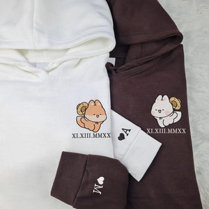 Custom Embroidered Couple Hoodies | Matching Roman Numerals | Cute Fox Design