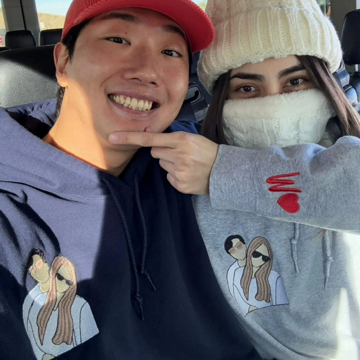 Custom Embroidered Sweatshirts For Couples, Custom Embroidered Portrait Photo Date On Sleeve Matching Couple Embroidered Sweatshirt Hoodie