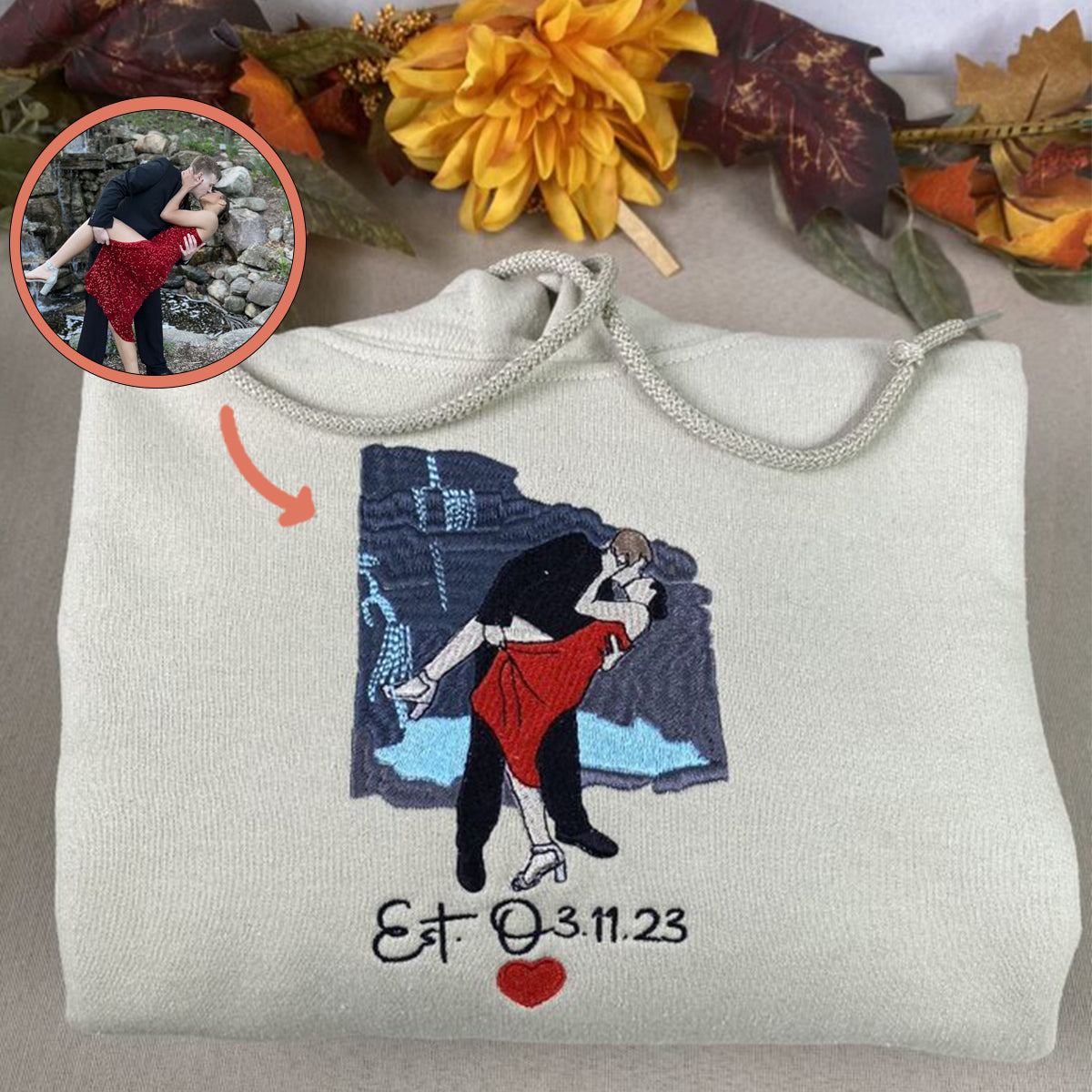 Custom Embroidered Sweatshirts For Couples, Custom Embroidered Portrait Photo Date On Sleeve Matching Couple Embroidered Sweatshirt Hoodie