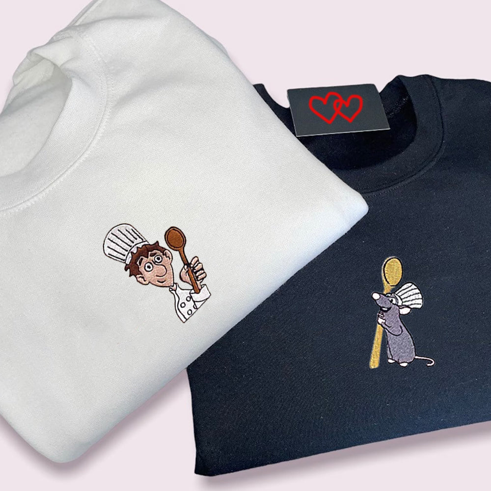 Custom Embroidered Sweatshirts For Couples, Custom Matching Couple Sweatshirt, Cute Chef x Mouse Couples Embroidered Crewneck Sweater