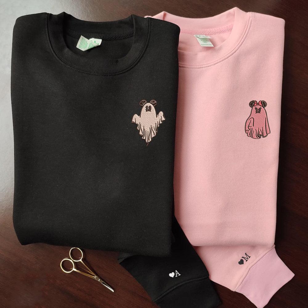 Custom Embroidered Halloween Sweatshirts For Couples, Custom Matching Couple Sweatshirt, Trick or Treat Ghost Mouse Couples Embroidered Sweater