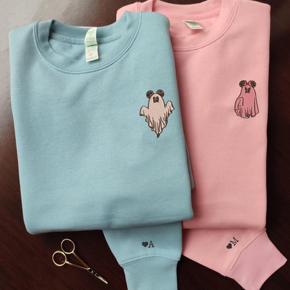 Custom Embroidered Halloween Sweatshirts For Couples, Custom Matching Couple Sweatshirt, Trick or Treat Ghost Mouse Couples Embroidered Sweater