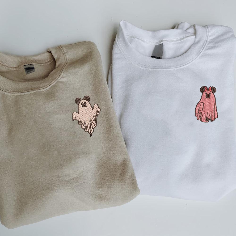 Custom Embroidered Halloween Sweatshirts For Couples, Custom Matching Couple Sweatshirt, Trick or Treat Ghost Mouse Couples Embroidered Sweater