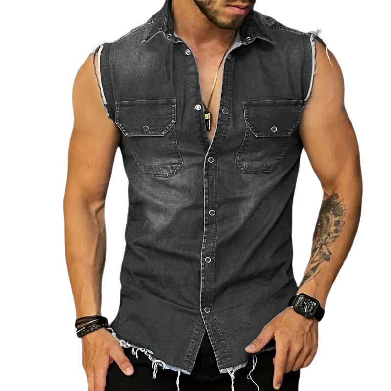 Men's Vintage Washed Raw Edge Lapel Sleeveless Denim Shirt