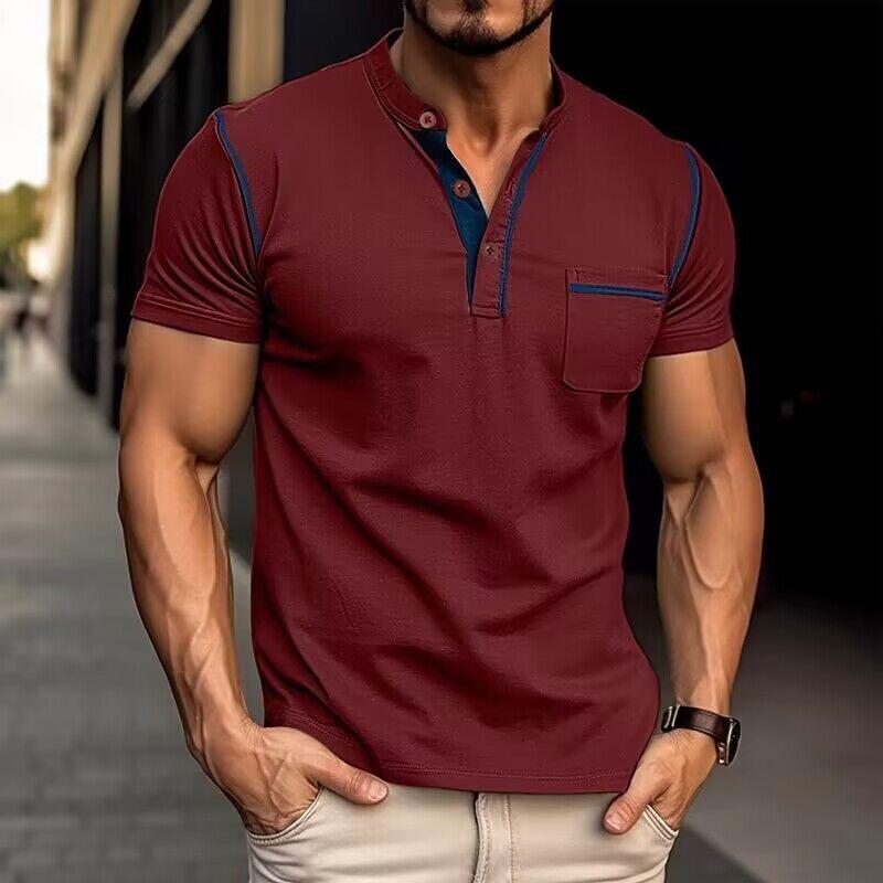 Men's Casual Colorblock Henley Collar Cotton Short Sleeve T-Shirt