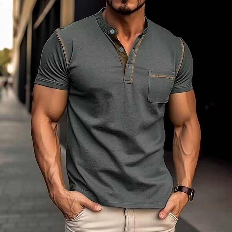 Men's Casual Colorblock Henley Collar Cotton Short Sleeve T-Shirt