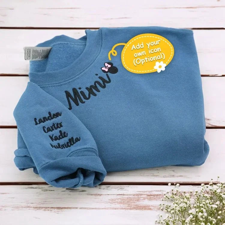 Custom Mama Christmas Sweatshirt With Kids’ Names on Sleeve, Personalized Embroidered Gift