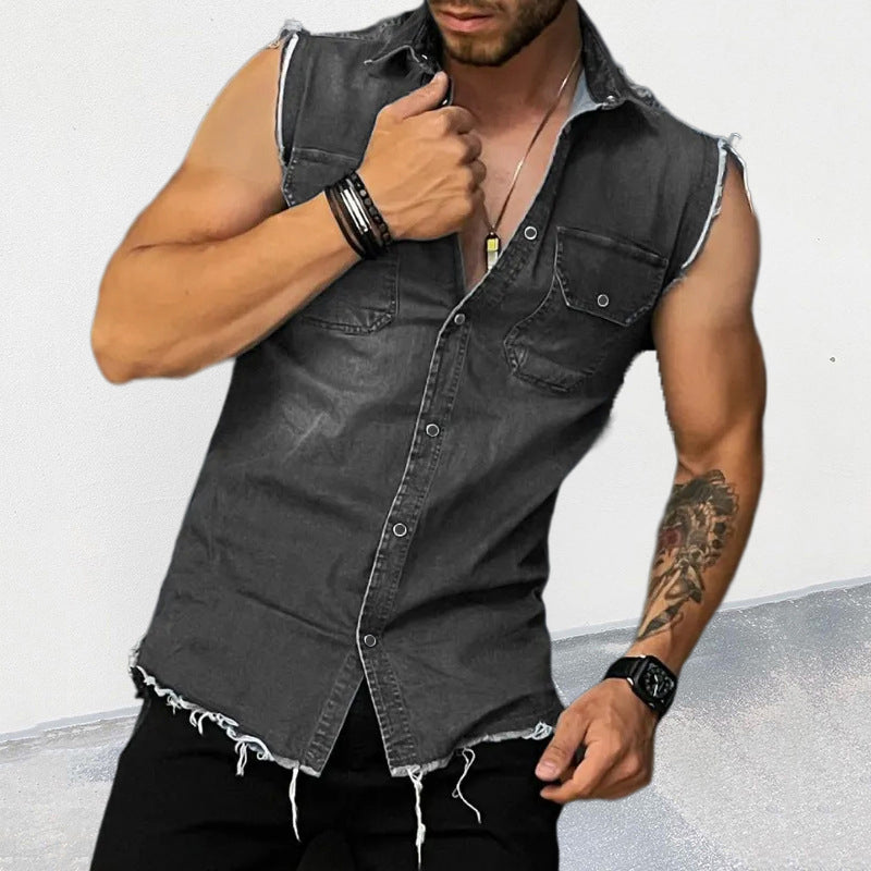 Men's Vintage Washed Raw Edge Lapel Sleeveless Denim Shirt