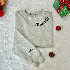 Custom Mama Christmas Sweatshirt With Kids’ Names on Sleeve, Personalized Embroidered Gift