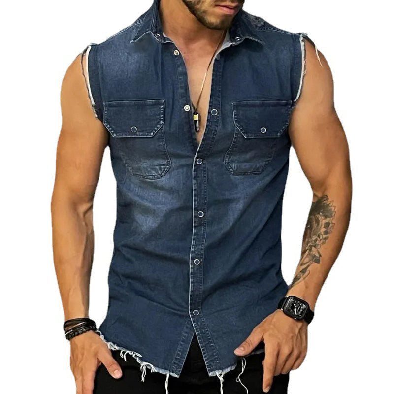 Men's Vintage Washed Raw Edge Lapel Sleeveless Denim Shirt