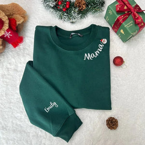 Custom Mama Christmas Sweatshirt With Kids’ Names on Sleeve, Personalized Embroidered Gift