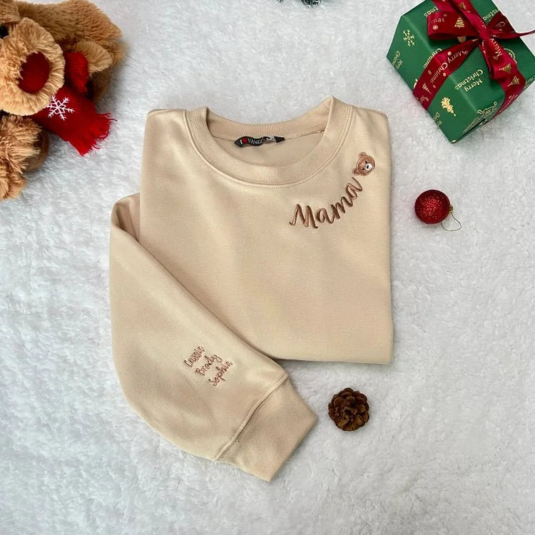 Custom Mama Christmas Sweatshirt With Kids’ Names on Sleeve, Personalized Embroidered Gift
