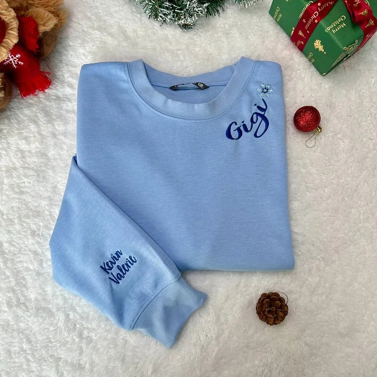 Custom Mama Christmas Sweatshirt With Kids’ Names on Sleeve, Personalized Embroidered Gift