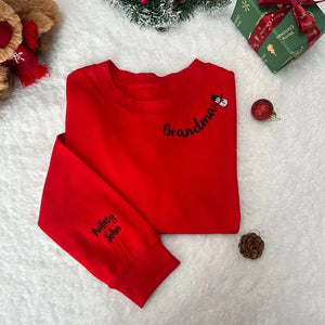 Custom Mama Christmas Sweatshirt With Kids’ Names on Sleeve, Personalized Embroidered Gift