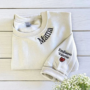 Custom Mama Christmas Sweatshirt With Kids’ Names on Sleeve, Personalized Embroidered Gift