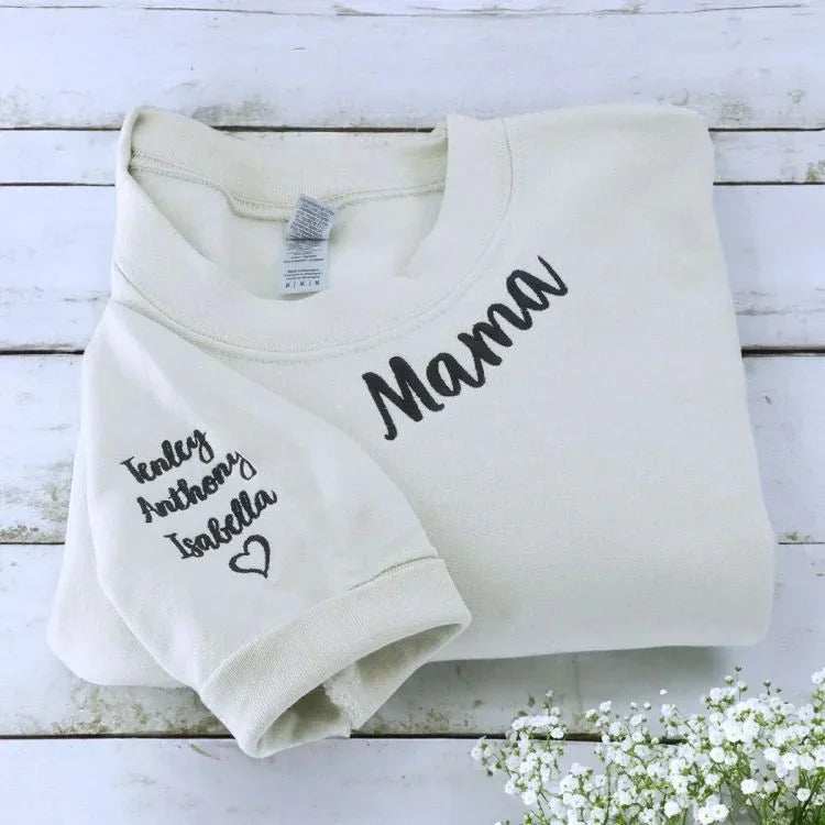 Custom Mama Christmas Sweatshirt With Kids’ Names on Sleeve, Personalized Embroidered Gift