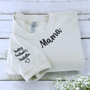 Custom Mama Christmas Sweatshirt With Kids’ Names on Sleeve, Personalized Embroidered Gift