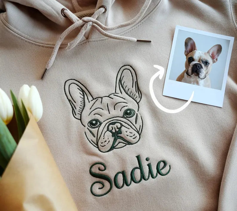 Custom EMBROIDERED Pet Outline Sweater Using Pet Photo , Name