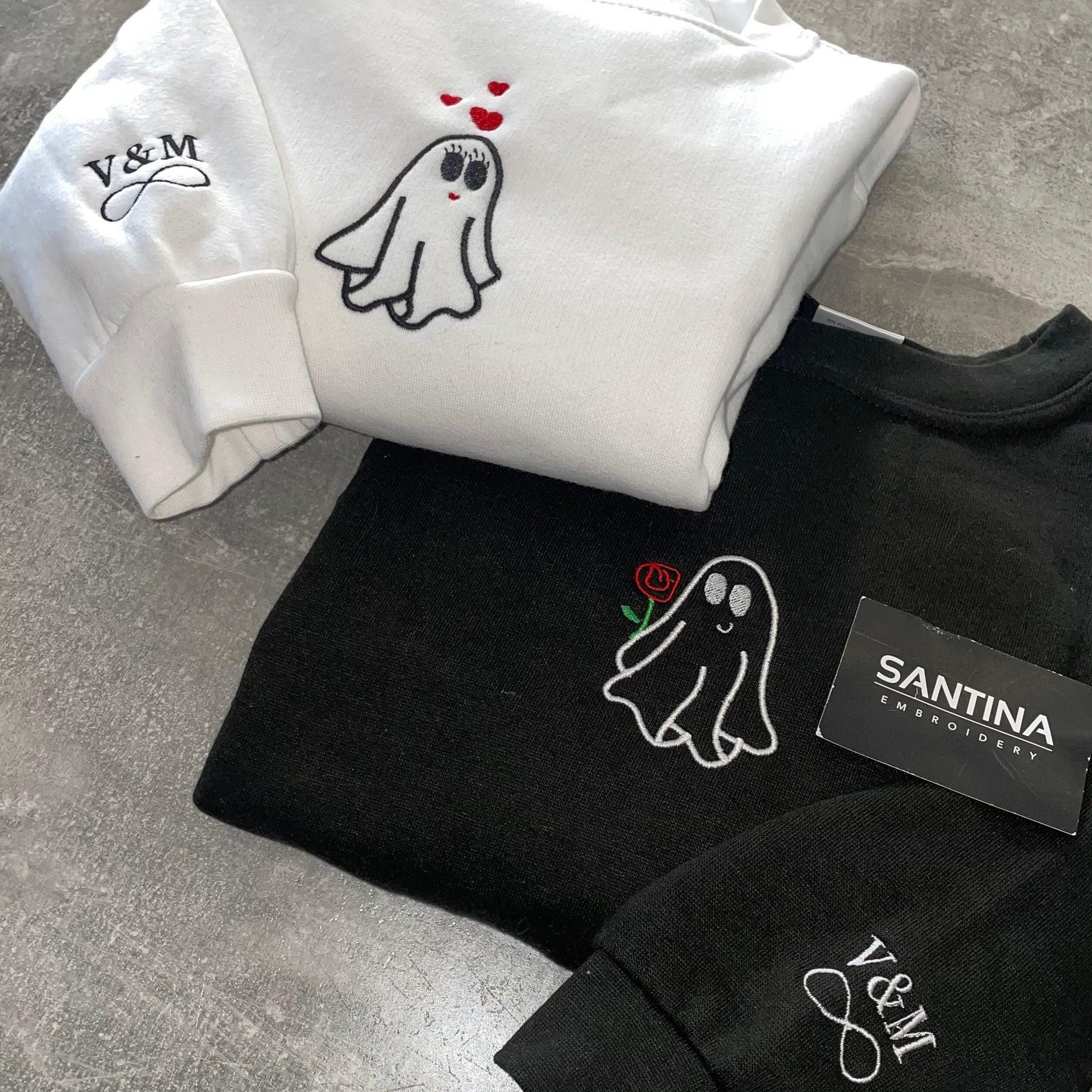 Custom Embroidered Halloween Sweatshirts For Couples, Halloween Couples Ghost Embroidered Sweatshirt, Ghost Spooky Couples Season Sweater