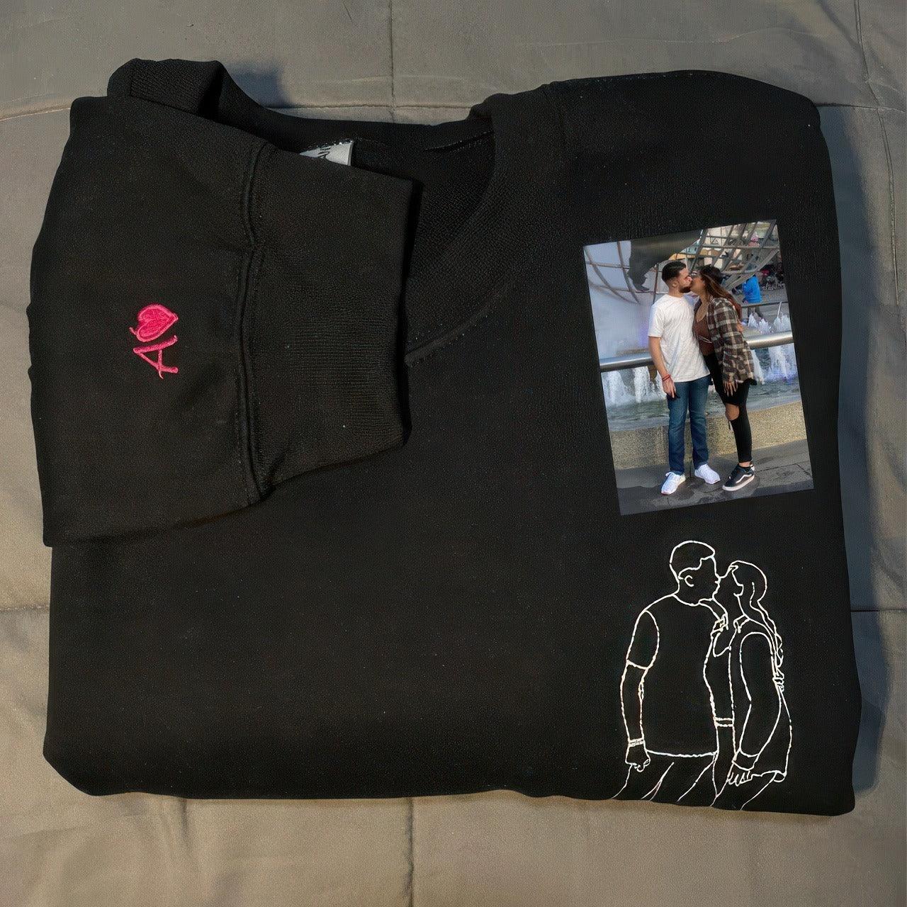 Custom Embroidered Hoodies For Couples, Custom Embroidered Portrait Outline From Photo Embroidered Matching Couples Hoodie